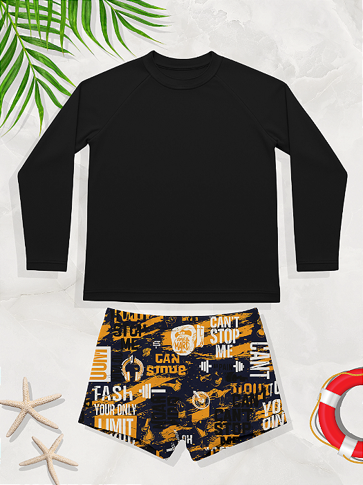 Conjunto Juvenil Menino Blusa Lisa + Sunga Estampada Proteção UV50+ 44-SE