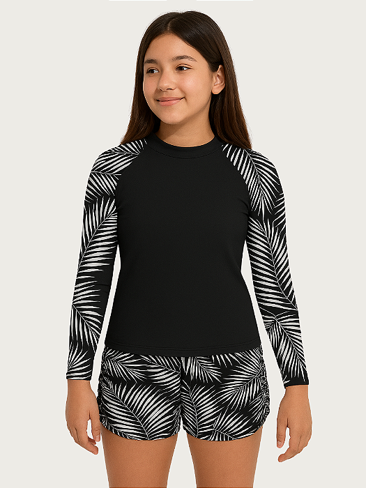 Conjunto Menina Blusa Manga Raglan Estampada e Shorts Estampo de Plantas Tropicais Adolescente 49-ME