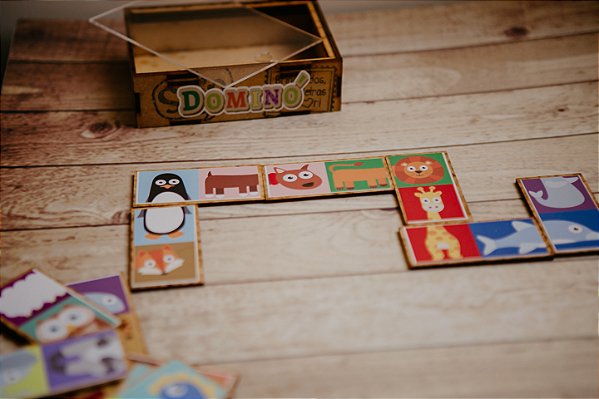 Jogo Dominó Animais e Desenhos Lúdicos SEIN- PVC + Madeira MDF - Tampa Acrílico Cristal - 28 peças
