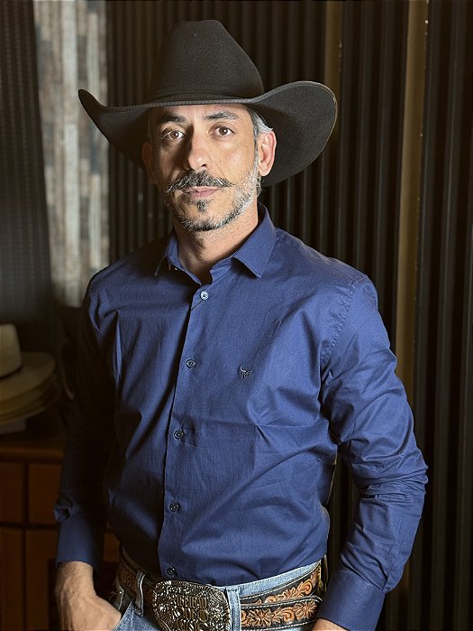 Camisa Marco Véio Manga Longa Slim Fit Básica Marinho