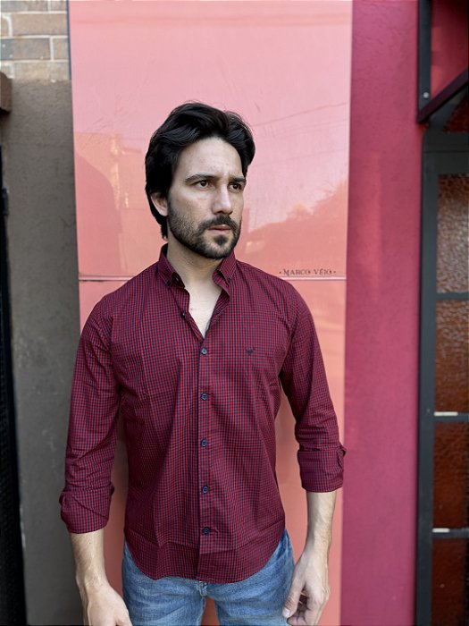 Camisa Marco Véio Manga Longa Slim Fit Xadrez Marinho/Vermelho
