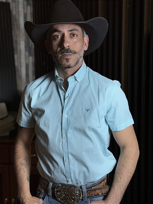 Camisa Marco Véio Manga Curta Slim Fit Xadrez Azul Turquesa