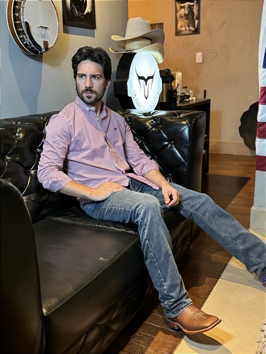 Camisa Marco Véio Manga Longa Slim Fit Xadrez Branco/Marinho/Vermelho