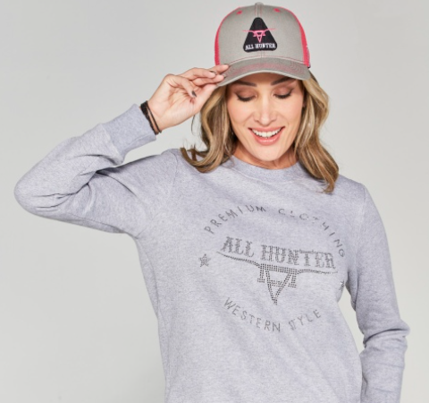 Moletom Feminino All Hunter - Gola Careca com Pedraria - Cinza Mescla