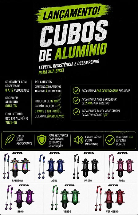 Cubo barulhento GTA aluminio par com rolamento camaleão para cassetes de 8 a 12 velocidades com blocagem freehub 6 paws (barulhento)