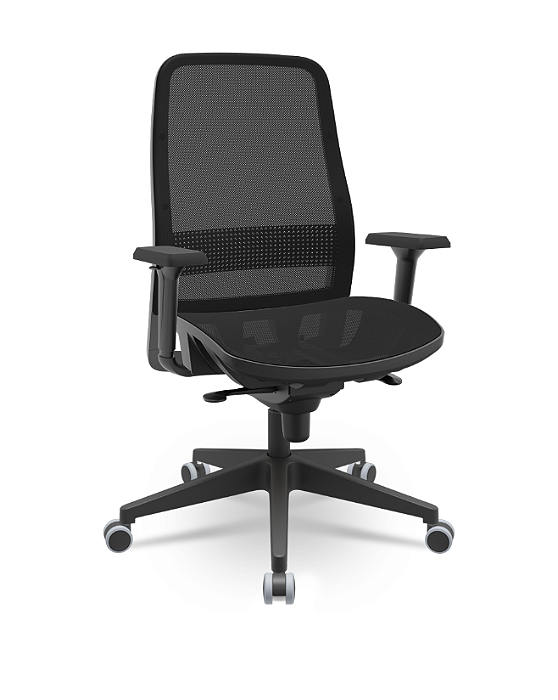 Cadeira Presidente Titan Assento e Encosto Tela Base Nylon Sincron Preta Braços Shift PU