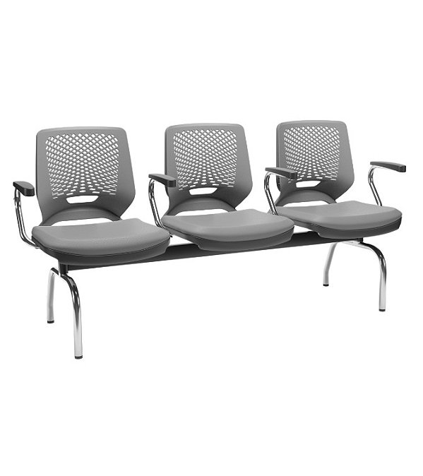 Longarina 3 Lugares Beezi Plaxmetal Encosto Cinza Com Braços Pés Cromado  Assento Em Vinil