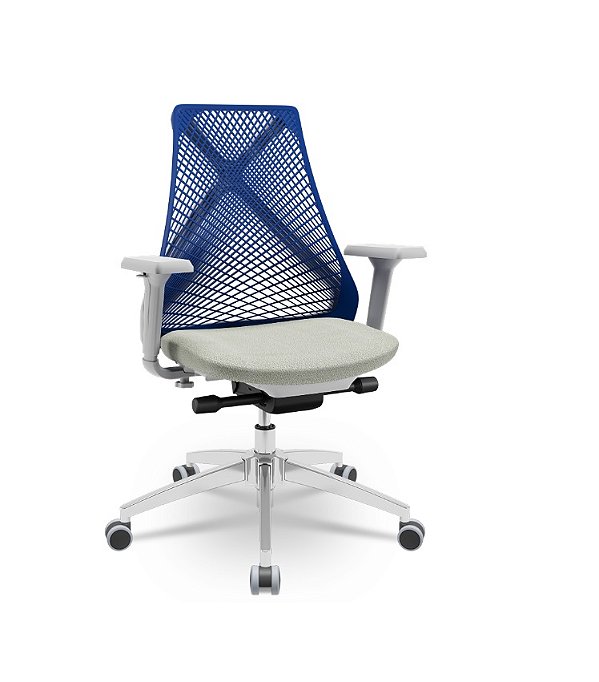 Cadeira Plaxmetal Bix Azul Tela Branca Assento Poliéster Base Cromada Autocompensador