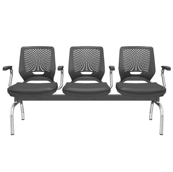 Longarina 3 Lugares Beezi Plaxmetal Encosto Preto Com Braços Pés Cromado Assento Em Vinil