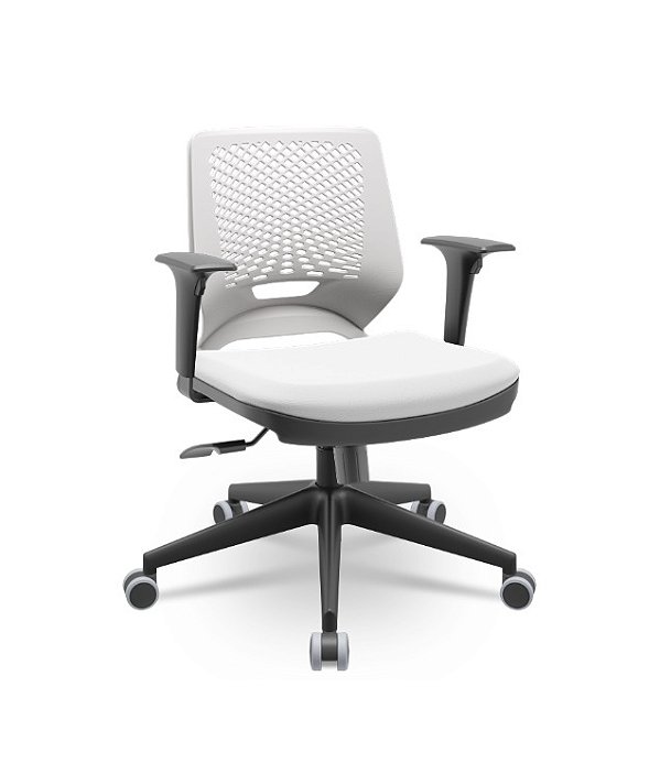Cadeira Beezi Plaxmetal Com Braços Reguláveis Encosto Branco Assento Em Vinil Base Nylon Piramidal