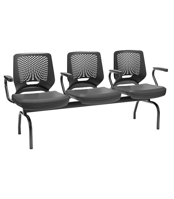 Longarina 3 Lugares Beezi Plaxmetal Com Braços Encosto Preto Assento Vinil