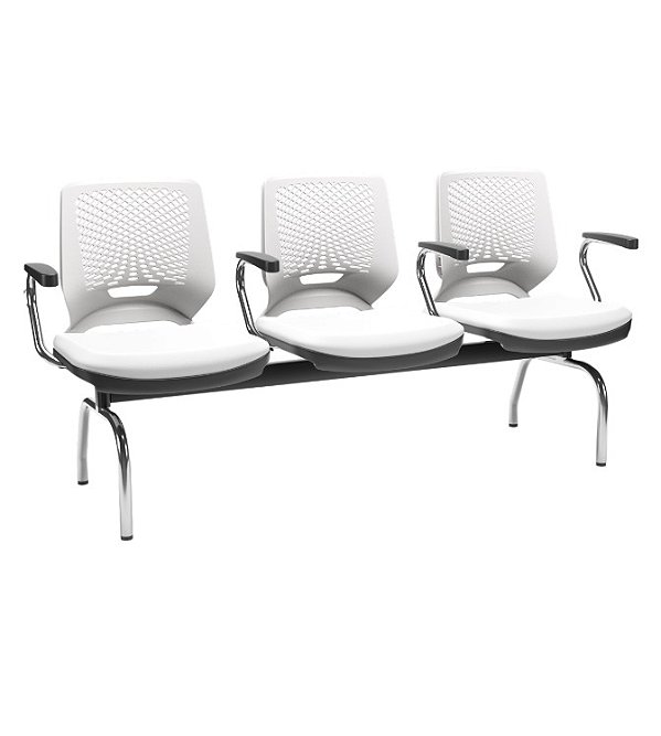 Longarina 3 Lugares Beezi Plaxmetal Encosto Branco Com Braços Pés Cromado Assento Em Vinil