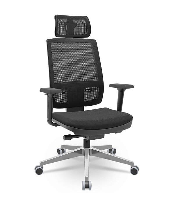 Cadeira Brizza Presidente Tela Preta Apoio de Cabeça Base Aluminio Autocompensador Braços Shift Assento Poliéster