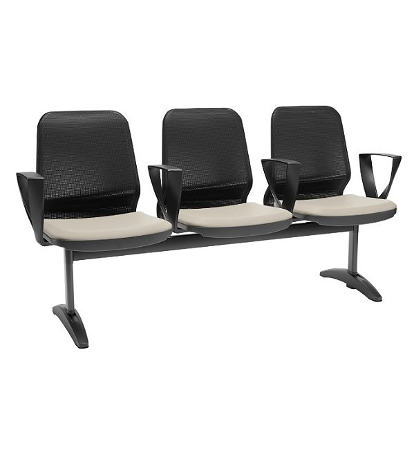 Longarina Fluidy Plaxmetal 3 Lugares Com Braços Delta Assento Vinil Encosto Tela