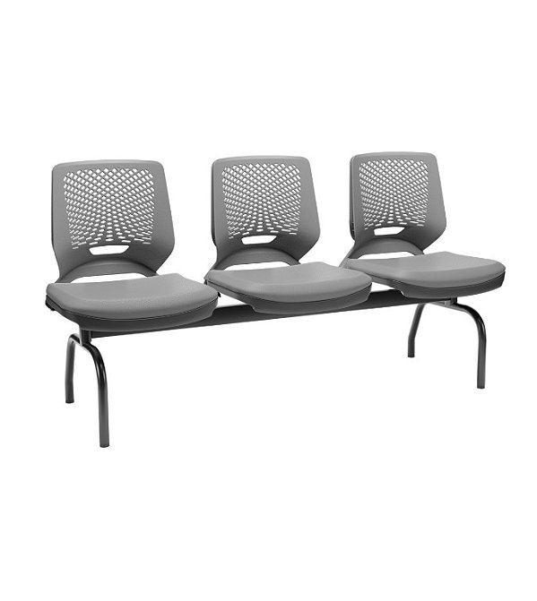 Longarina 3 Lugares Beezi Plaxmetal Encosto Cinza Assento Vinil