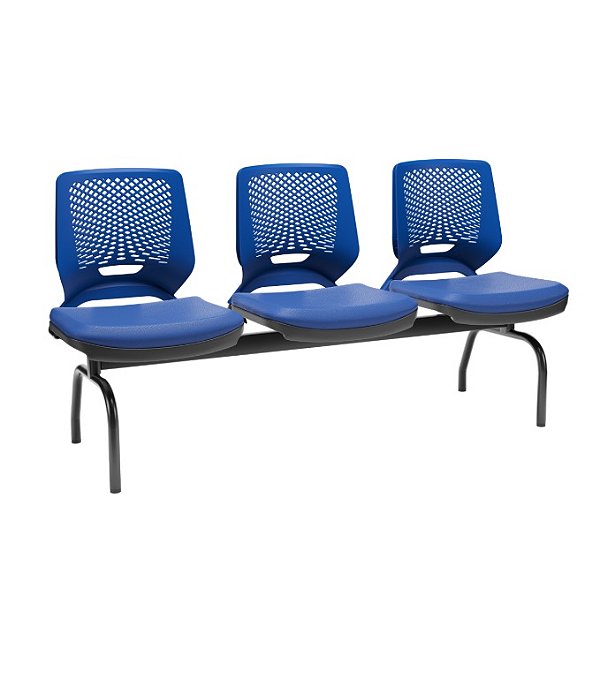 Longarina 3 Lugares Beezi Plaxmetal Encosto Azul Assento Vinil