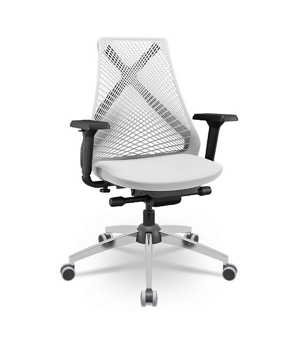 Cadeira Plaxmetal Bix X+ Base Cromada Autocompensador Tela Branca Assento Vinil