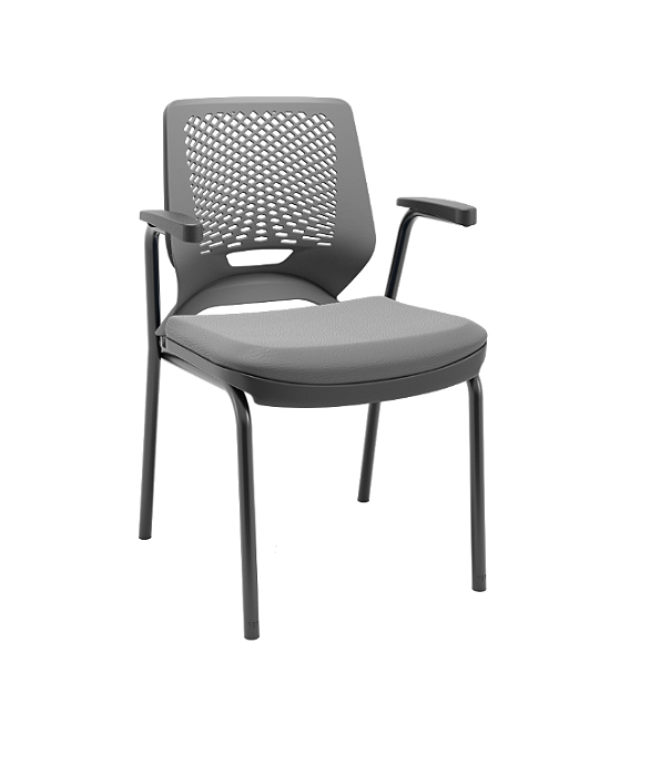 Cadeira Plaxmetal Beezi Fixa 4 Pés com Braços Encosto Cinza Assento Vinil