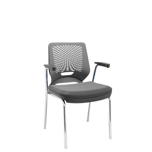 Cadeira Plaxmetal Beezi Fixa 4 Pés Cromado com Braços Encosto Cinza Assento Vinil