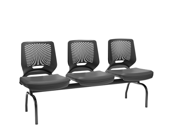 Longarina 3 Lugares Beezi Plaxmetal Encosto Preto Assento Vinil