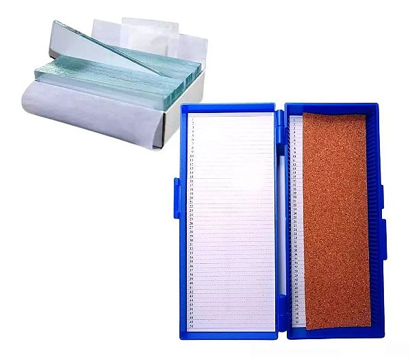 Kit 250 Laminas p/ Microscopia Ponta Fosca Lapidada + 1 CX Porta 50 Laminas