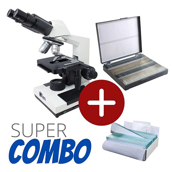 Kit Microscópio Biológico Binocular Acromático Led Aumento 1600x + Laminas e Porta Laminas