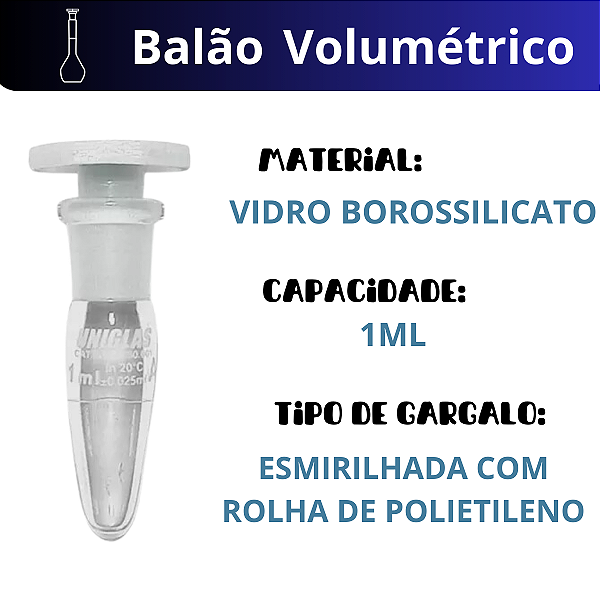 Balão Volumétrico Vidro com Rolha de Polietileno 1 ml - Combo com 5 Peças