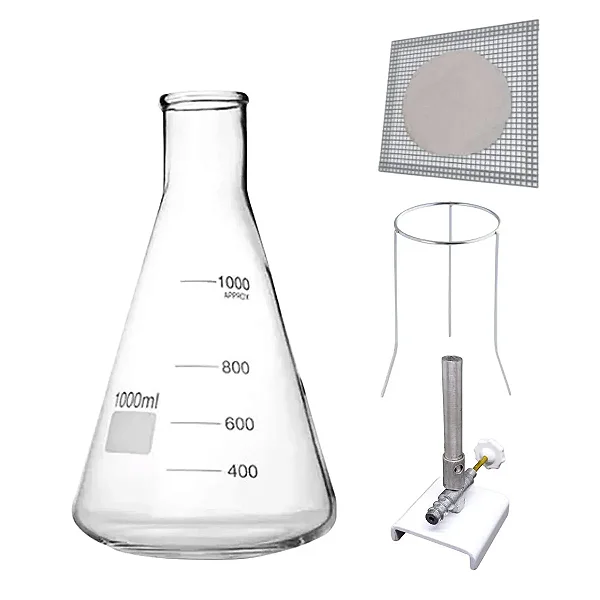 Bico de Bunsen c/ Registro + Tripé de Ferro + Tela de Arame 18x18cm + Erlenmeyer 1.000ml