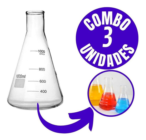Combo com 3 Unidades do Erlenmeyer 1.000ml Graduado Vidro 3.3