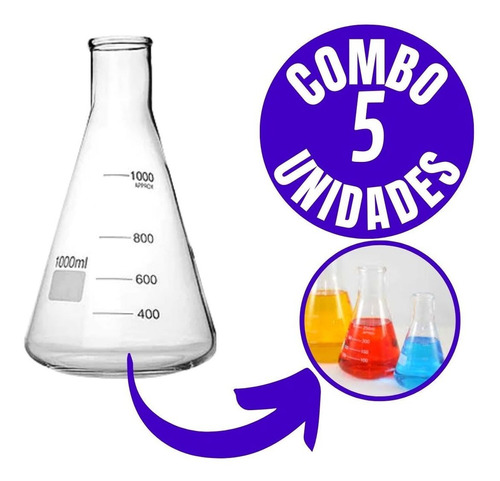 Combo com 5 Unidades do Erlenmeyer 1.000ml Graduado Vidro 3.3