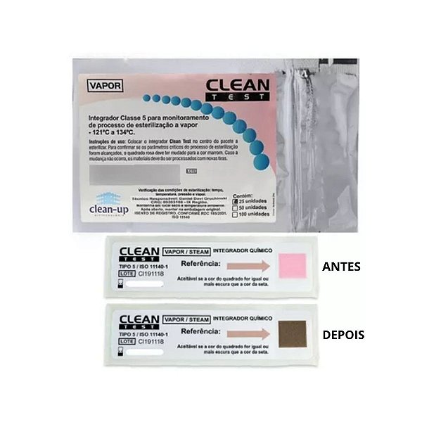 Indicador Químico Integrador Classe 5 Para Esterilização  a Vapor - Caixa com 25 Testes - Clean Test