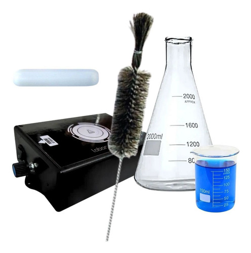 Kit Agitador Magnético + Erlenmeyer 2000ml + Escova + Copo Becker de 150ml
