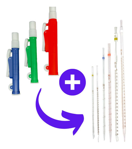 Kit com 3 Pipetadores - (2ml, 10ml e 25ml) + 2 Pipetas Sorológicas de cada medida