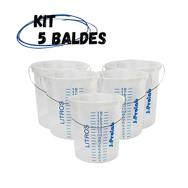 Kit com 5 Baldes Graduados 20 Litros com Alça Metálica e Bico Vertedor