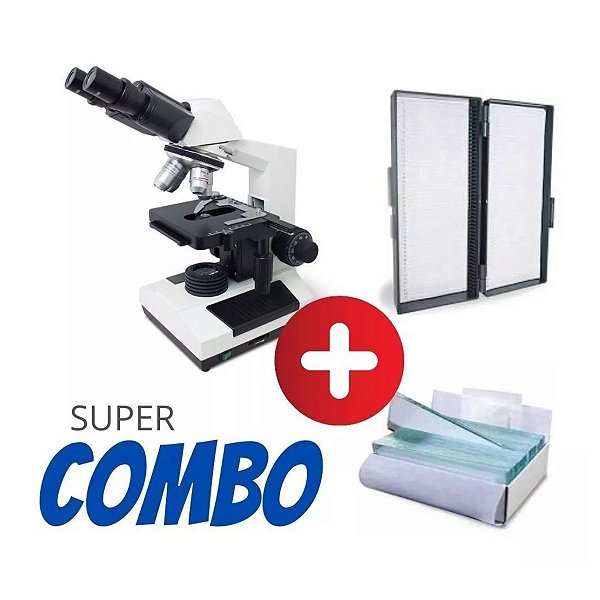 Kit Microscópio Biológico Binocular Acromático Led Aumento 1600x + Laminas e Porta Laminas