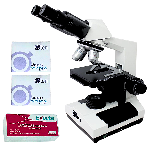 Microscópio Binocular 1600X + 100 Lâminas Fosca Lapidadas + 100 Lamínulas