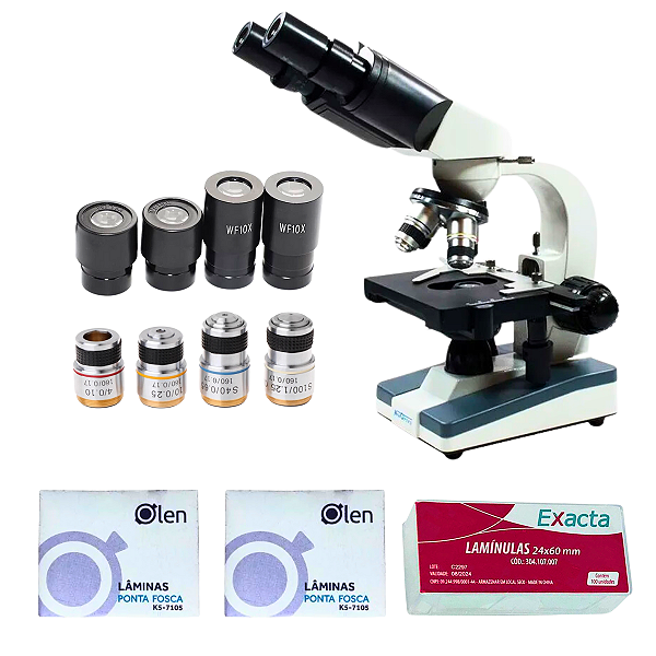 Microscópio Binocular Nw116B + 100 Lâminas + 100 Lamínulas