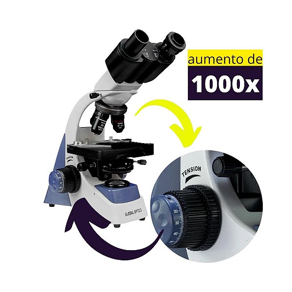 Microscópio Biológico Binocular Ótica Finita Aumento 1.000x Acromático Iluminação Tipo Led