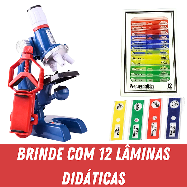 Microscópio Infantil Smart Monocular 1200x com Suporte para Celular + 12 Lâminas Didáticas Infantis