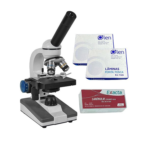 Microscópio Monocular + Conjunto de Laminas e Lamínulas