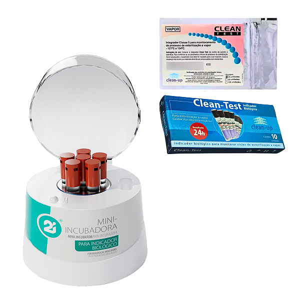 Mini Incubadora + Indicador Biológico 10 Ampolas Clean Up+ Integrador Químico 25 Unidades Clean Up