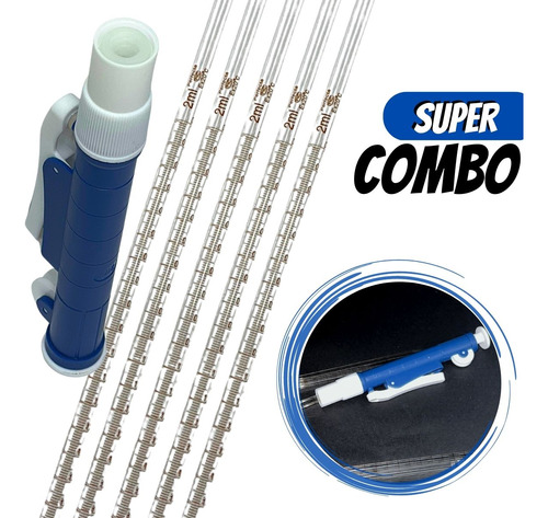 Pipetador Pi-Pump para 2,0mL Plast Azul + 5 Pipetas Sorológica Vidro Graduado 2,0mL
