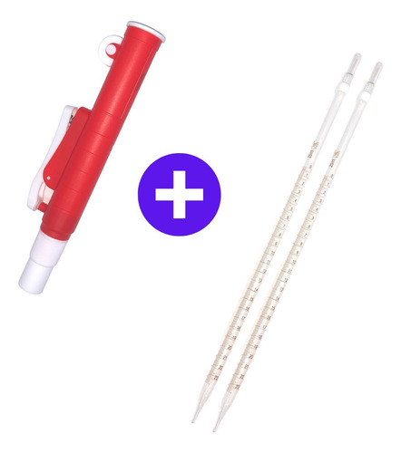 Pipetador Pi-Pump para 25ml Plast Vermelho + 2 Pipetas Sorológica Vidro Graduado 25ml