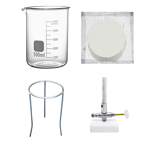 Tela de Arame + Bico de Bunsen + Tripé + Becker