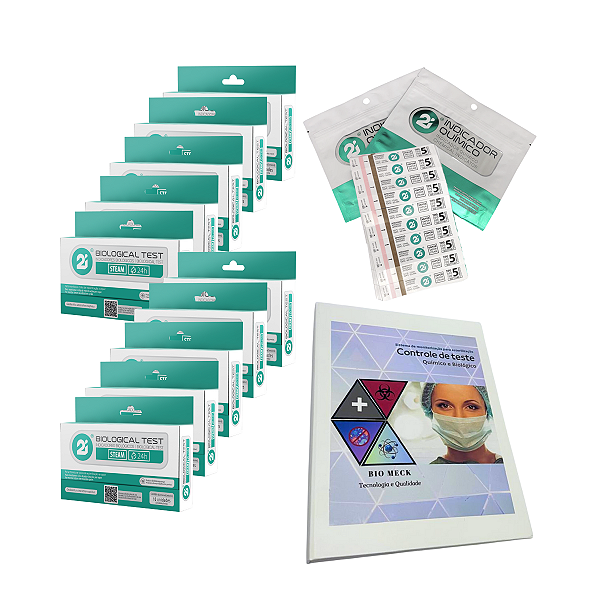 Super Kit Controle Biológico 100 Indicador Biológico + 500 Integrador Químico Classe 5 + Pasta Controle Resultados