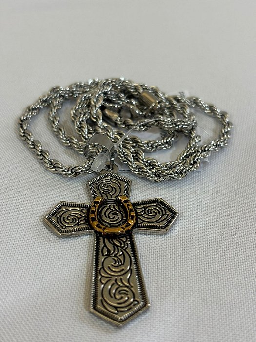 Colar Pingente Cruz Prata com Cobre e Ferradura