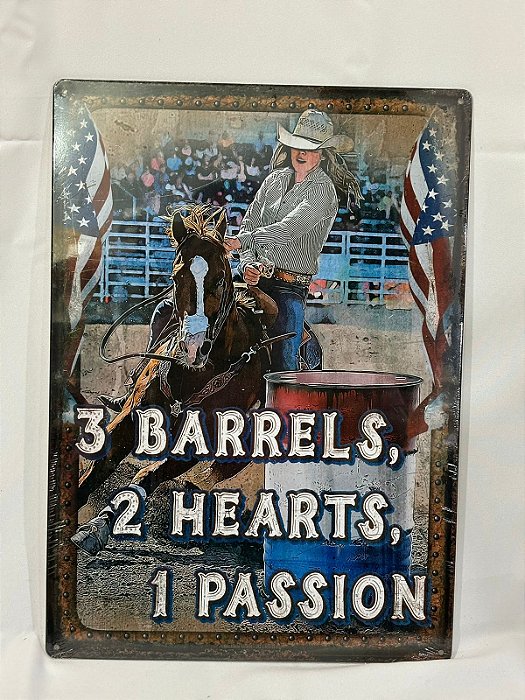 PLACA DECORATIVA QUADRO PAREDE 3 BARRELS, 2 HEARTS 1 PASSION