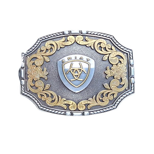 Fivela ariat importada prata e dourado logo ao centro