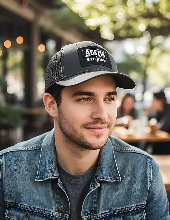 BONÉ AUSTIN WESTERN TELA CINZA LOG BRANCO