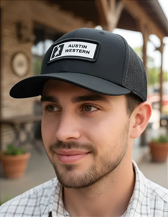 BONÉ AUSTIN WESTERN TELA PRETO LOG BCO